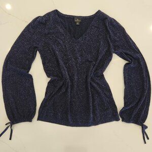 Worthington Sz M Sparkle Women Blouse Shirt Long Sleeve Blue Metallic Glam vneck